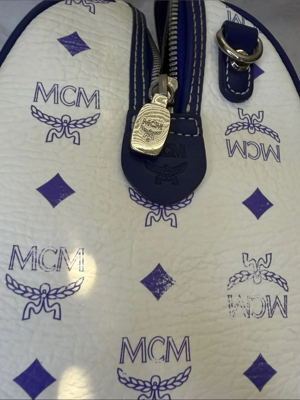 MCM White & Purple Visetos Boston Satchel with Silver Hardware